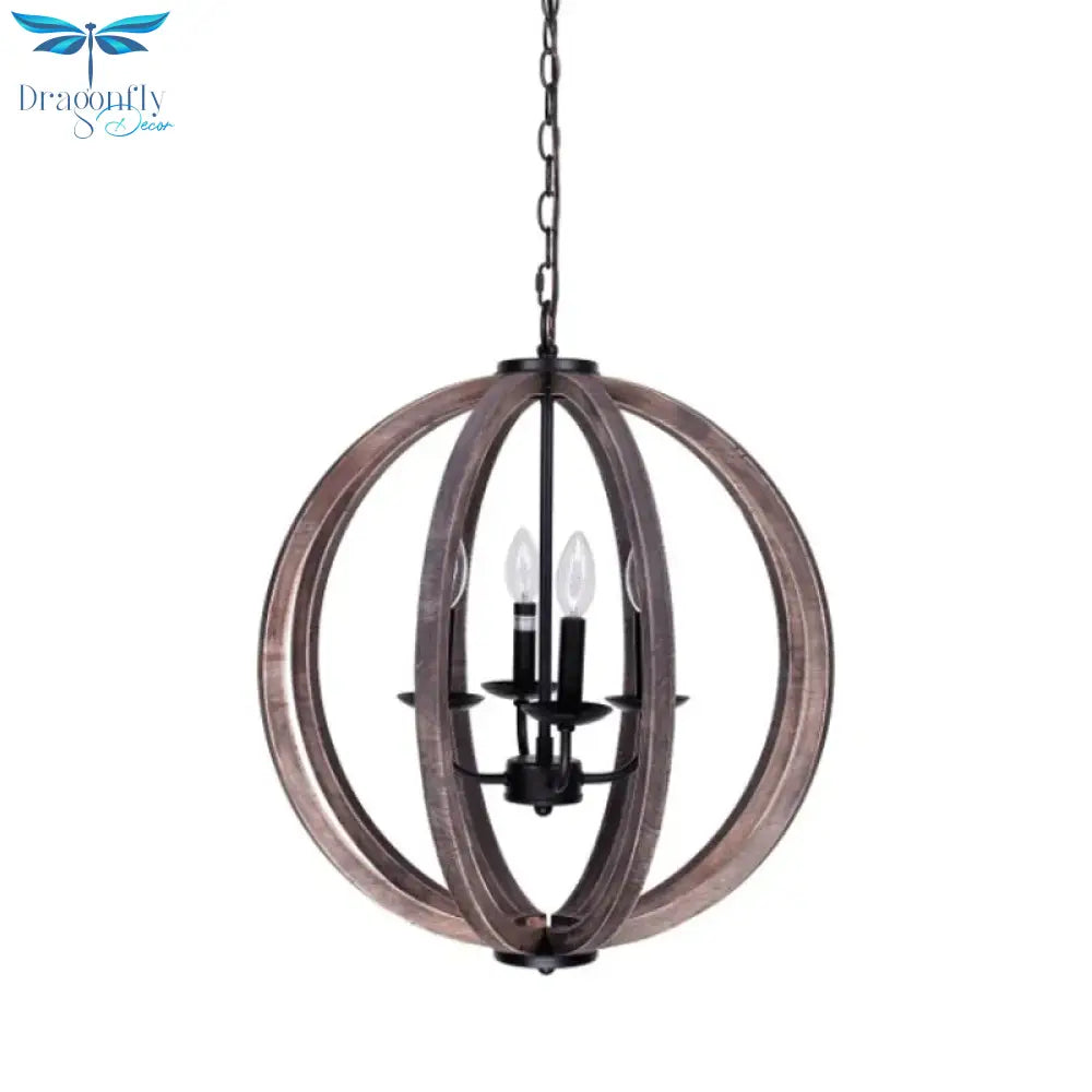 Global Chandelier Light Rustic Wood 4 Heads Brown Hanging Lamp Kit For Living Room