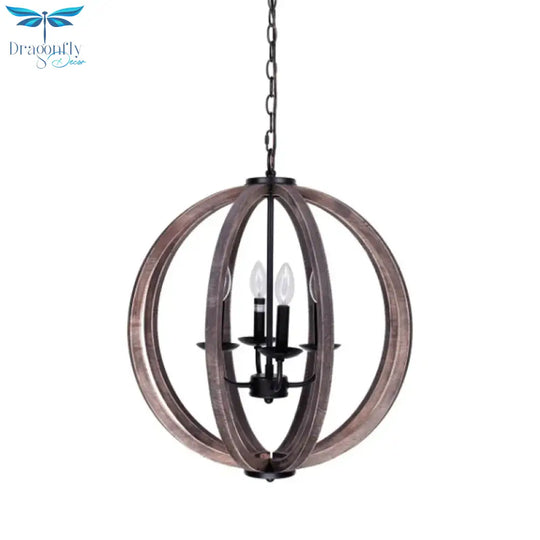 Global Chandelier Light Rustic Wood 4 Heads Brown Hanging Lamp Kit For Living Room