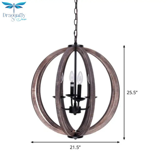 Global Chandelier Light Rustic Wood 4 Heads Brown Hanging Lamp Kit For Living Room