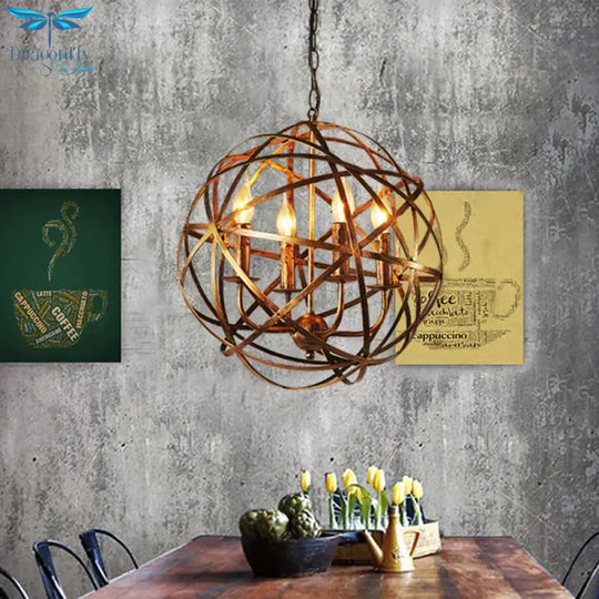 Globe Dining Room Hanging Light Traditional Metal 4 Lights Brass Ceiling Chandelier
