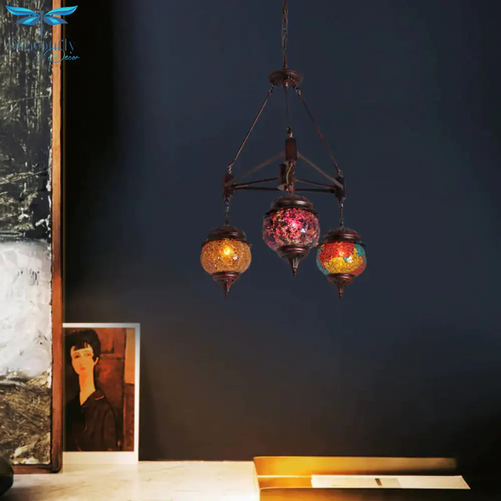 Globe Living Room Hanging Chandelier Moroccan Stained Glass 3 Lights Weathered Copper Pendant Lamp