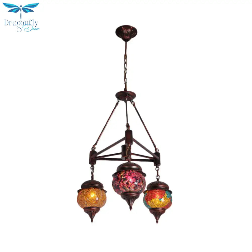 Globe Living Room Hanging Chandelier Moroccan Stained Glass 3 Lights Weathered Copper Pendant Lamp