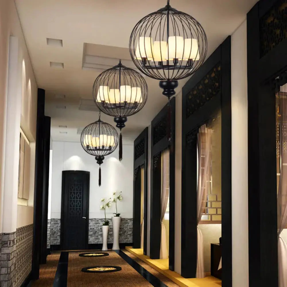 Globe Metal Traditional Stylish 4 Lights Corridor Hanging Lamp In Black