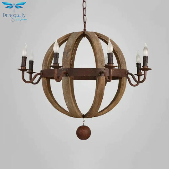 Globe Wooden Ceiling Light Traditional 6/8 - Bulb Dining Room Pendant Chandelier In Brown
