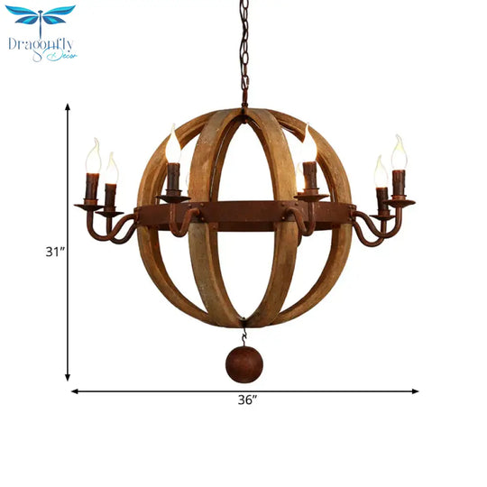 Globe Wooden Ceiling Light Traditional 6/8 - Bulb Dining Room Pendant Chandelier In Brown