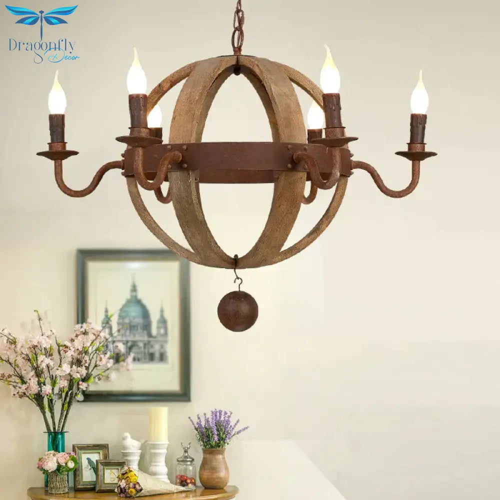 Globe Wooden Ceiling Light Traditional 6/8 - Bulb Dining Room Pendant Chandelier In Brown