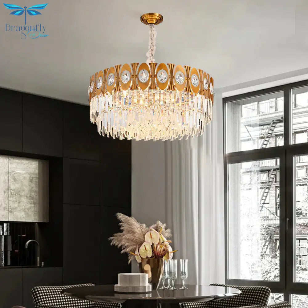 Gold 12 Heads Hanging Lamp Kit Postmodern Tri - Sided Crystal Rod Drum Chandelier Light