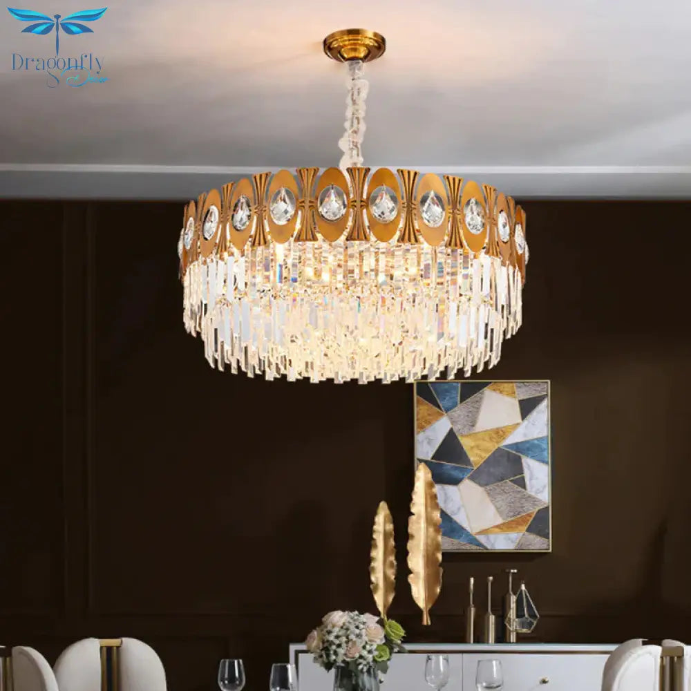 Gold 12 Heads Hanging Lamp Kit Postmodern Tri - Sided Crystal Rod Drum Chandelier Light