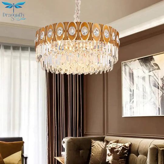 Gold 12 Heads Hanging Lamp Kit Postmodern Tri - Sided Crystal Rod Drum Chandelier Light