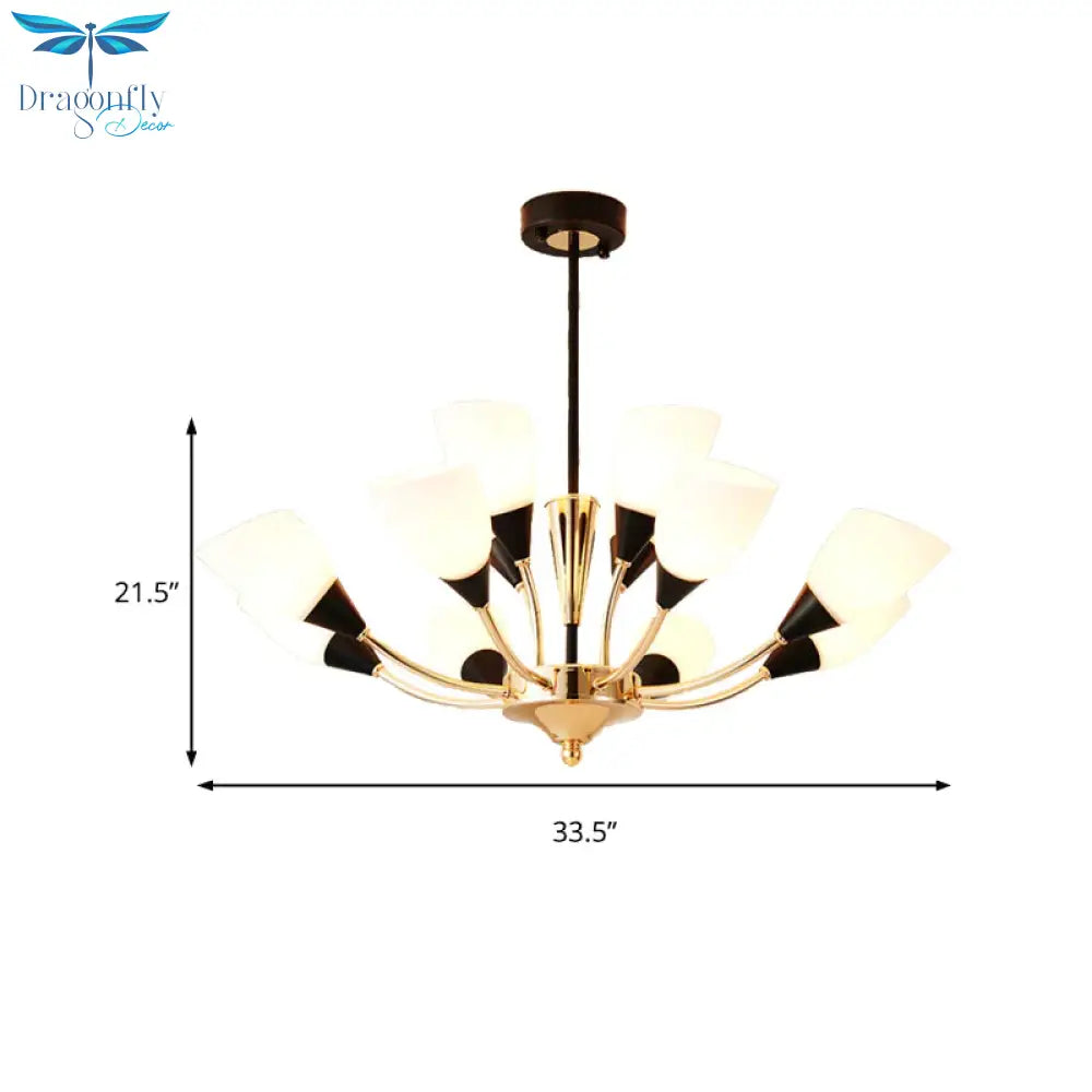 Gold 12 Lights Chandelier Light Fixture Traditional White Glass Oval Shade Pendant Lamp With