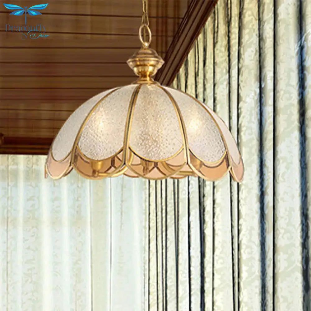 Gold 3 Heads Chandelier Light Colonialism Bubble Glass Scallop Suspended Lighting Fixture For