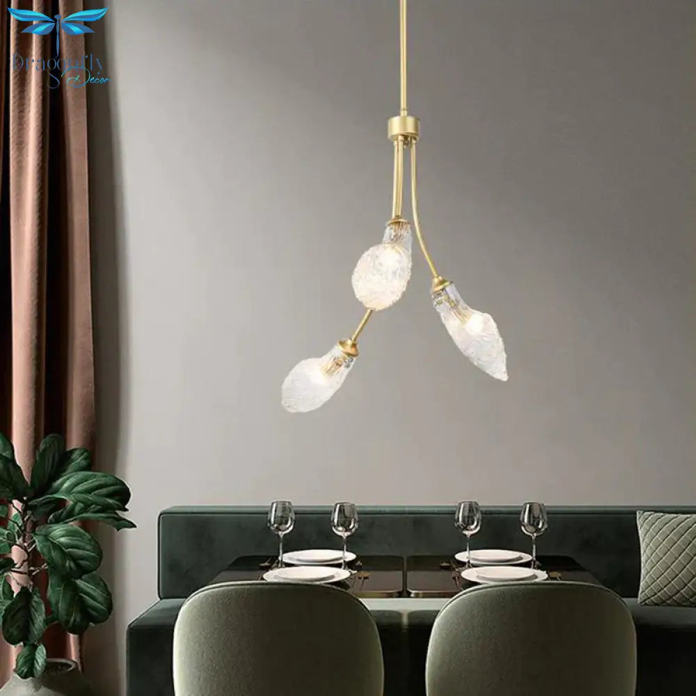 Gold 3 Heads Led Chandelier Lighting Traditionalism Clear Glass Curved Pendant Ceiling Light For