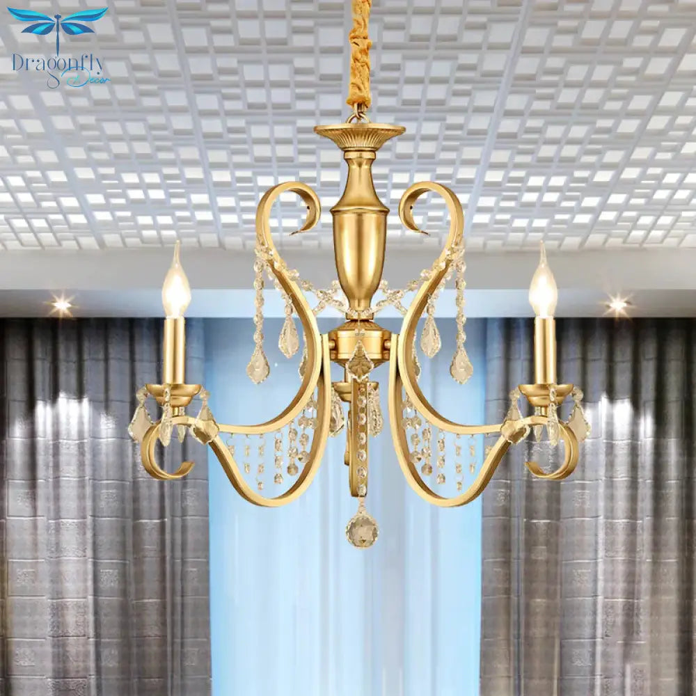 Gold 3 - Light Ceiling Chandelier Countryside Metal Candelabra Pendant Lighting With Crystal Accent