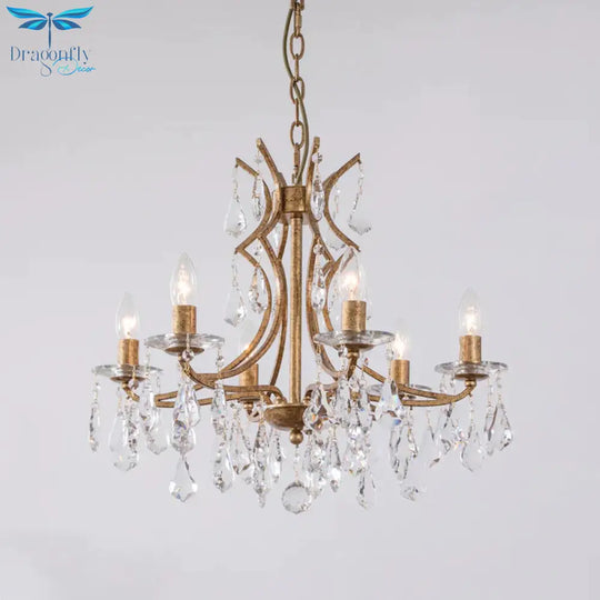 Gold 6 Bulbs Chandelier Lighting Vintage Faceted Crystal Single Tier Ceiling Pendant Light With