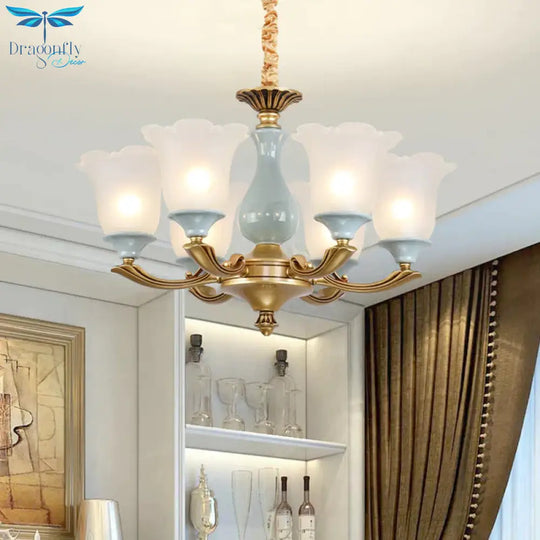 Gold 6 Bulbs Pendant Lighting Rural Style Frosted Glass Flower Ceiling Chandelier For Dining Room