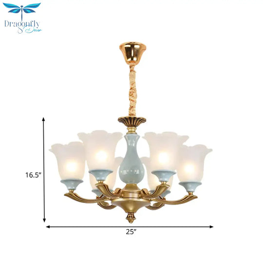 Gold 6 Bulbs Pendant Lighting Rural Style Frosted Glass Flower Ceiling Chandelier For Dining Room