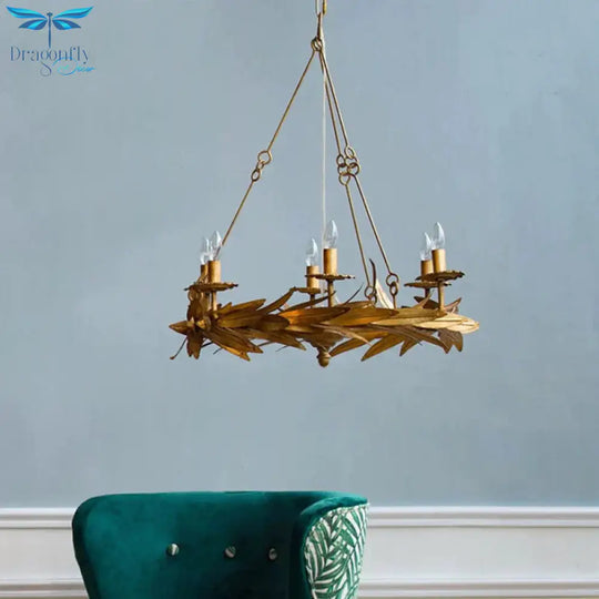 Gold 6 Lights Ceiling Pendant Light Vintage Metal Candle Chandelier Lamp With Garland Design