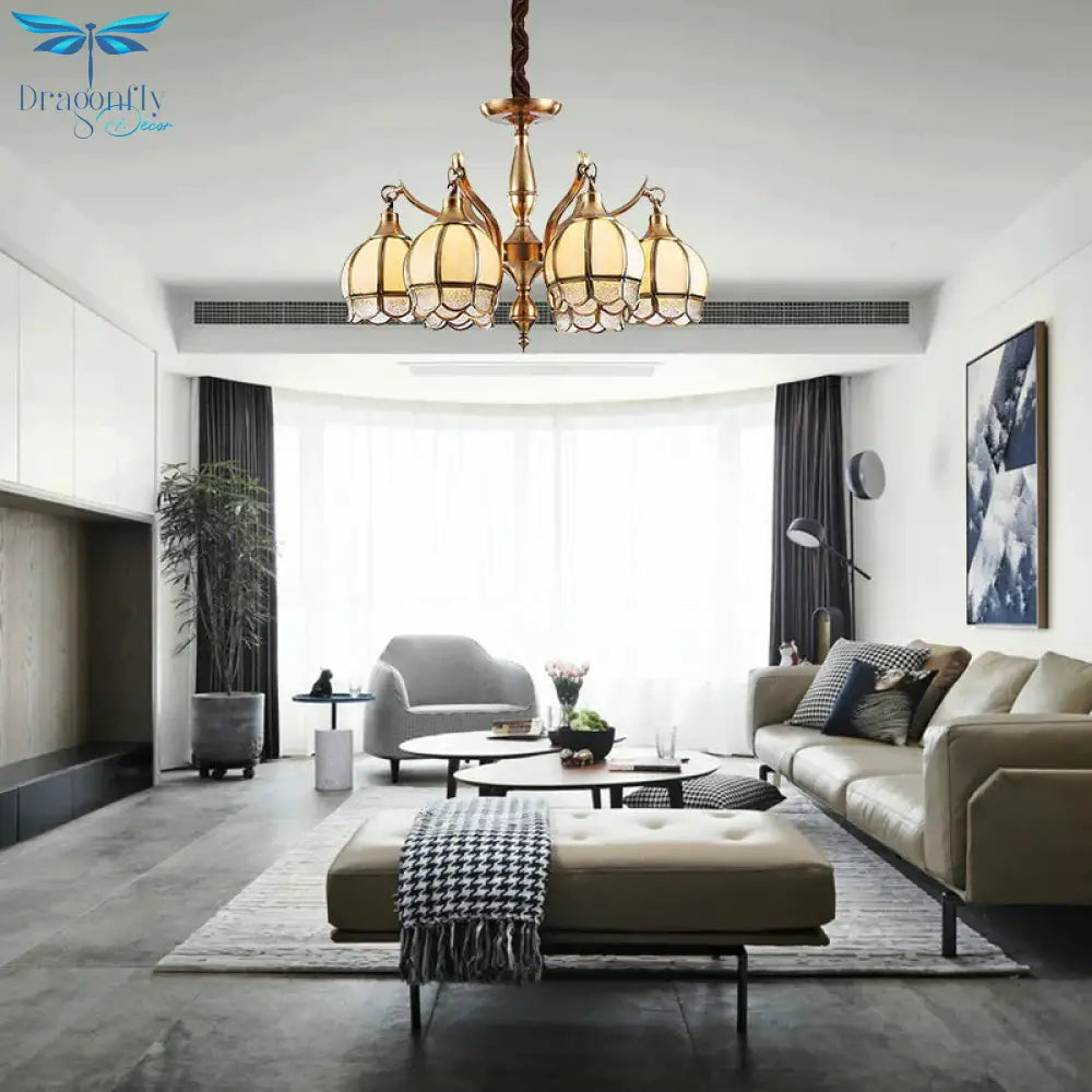 Gold 6 Lights Chandelier Lamp Colonialist Frosted Glass Flower Shape Down Lighting Pendant