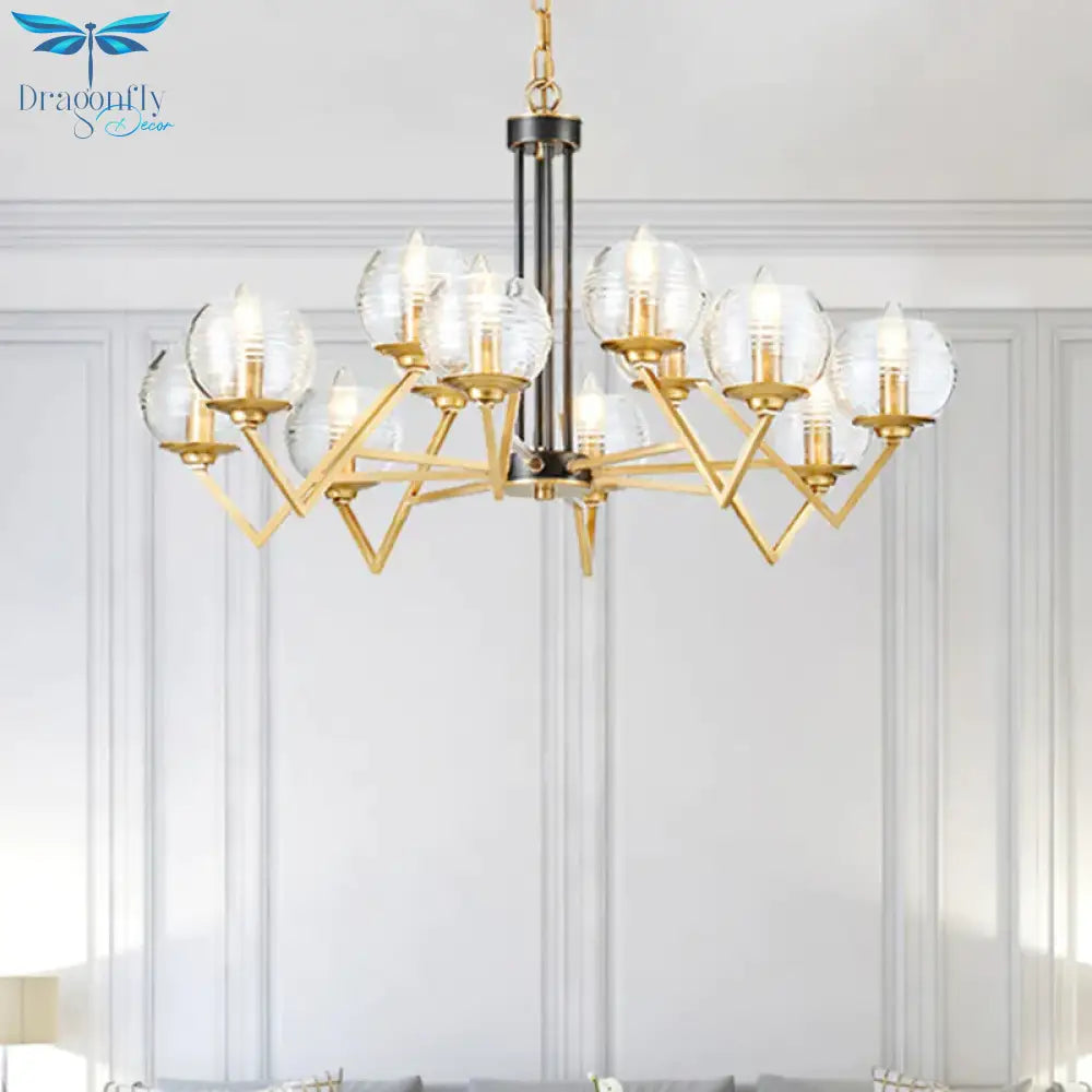 Gold 9/12 Lights Pendant Chandelier Traditional Clear Ribbed Glass Globe Hanging Light For Living