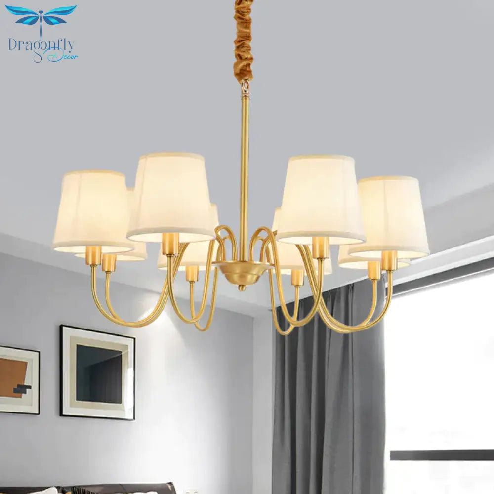 Gold Barrel Pendant Chandelier Colonial Fabric 3/5/8 Bulbs Living Room Ceiling Light With Gooseneck