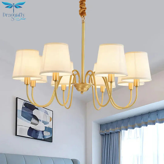 Gold Barrel Pendant Chandelier Colonial Fabric 3/5/8 Bulbs Living Room Ceiling Light With Gooseneck