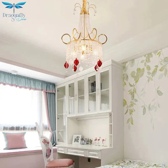 Gold Beaded Chandelier Pendant Light Rural Crystal 4 Lights Living Room Ceiling Hang Fixture