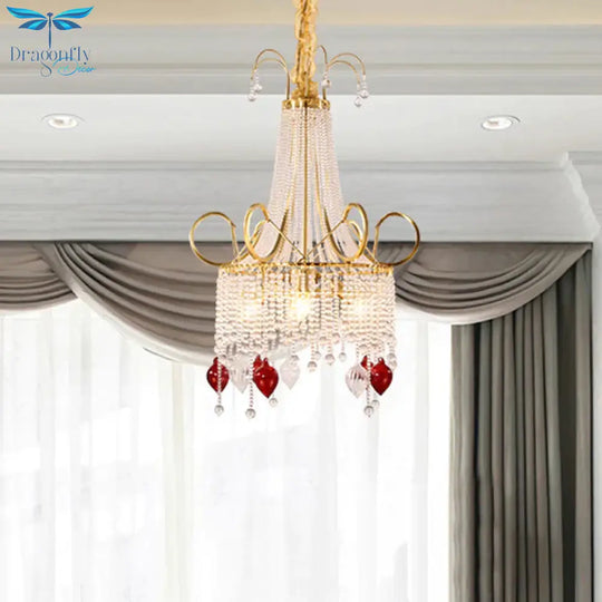 Gold Beaded Chandelier Pendant Light Rural Crystal 4 Lights Living Room Ceiling Hang Fixture