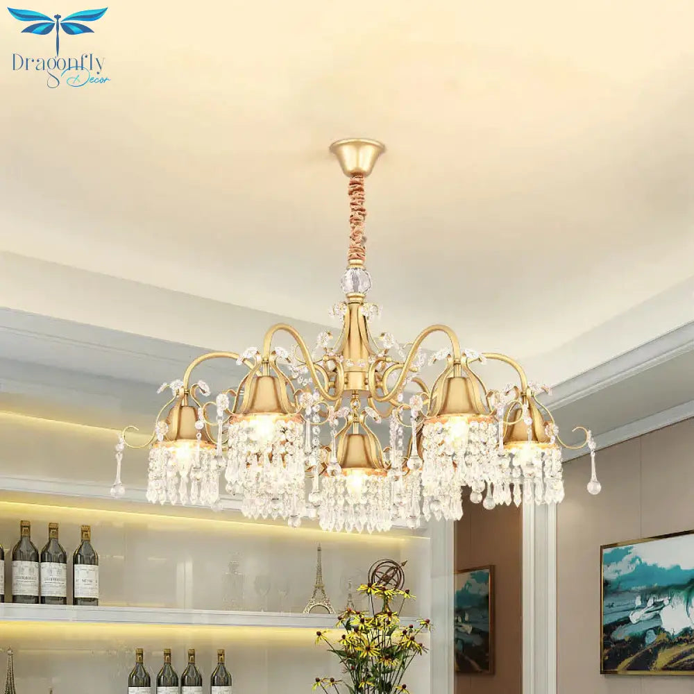Gold Bell Chandelier Minimalist 7/9 Lights Crystal Beaded Strand Hanging Lamp Kit For Living Room