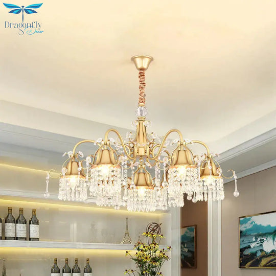 Gold Bell Chandelier Minimalist 7/9 Lights Crystal Beaded Strand Hanging Lamp Kit For Living Room