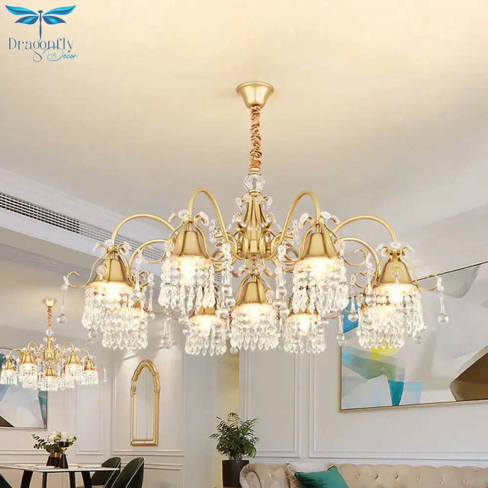 Gold Bell Chandelier Minimalist 7/9 Lights Crystal Beaded Strand Hanging Lamp Kit For Living Room