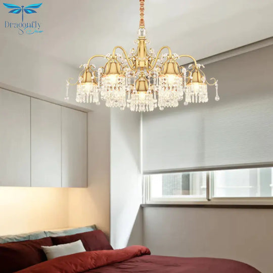 Gold Bell Chandelier Minimalist 7/9 Lights Crystal Beaded Strand Hanging Lamp Kit For Living Room