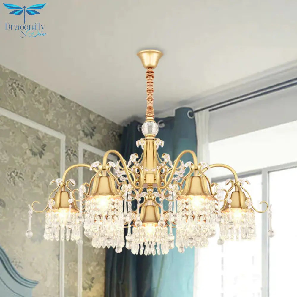 Gold Bell Chandelier Minimalist 7/9 Lights Crystal Beaded Strand Hanging Lamp Kit For Living Room
