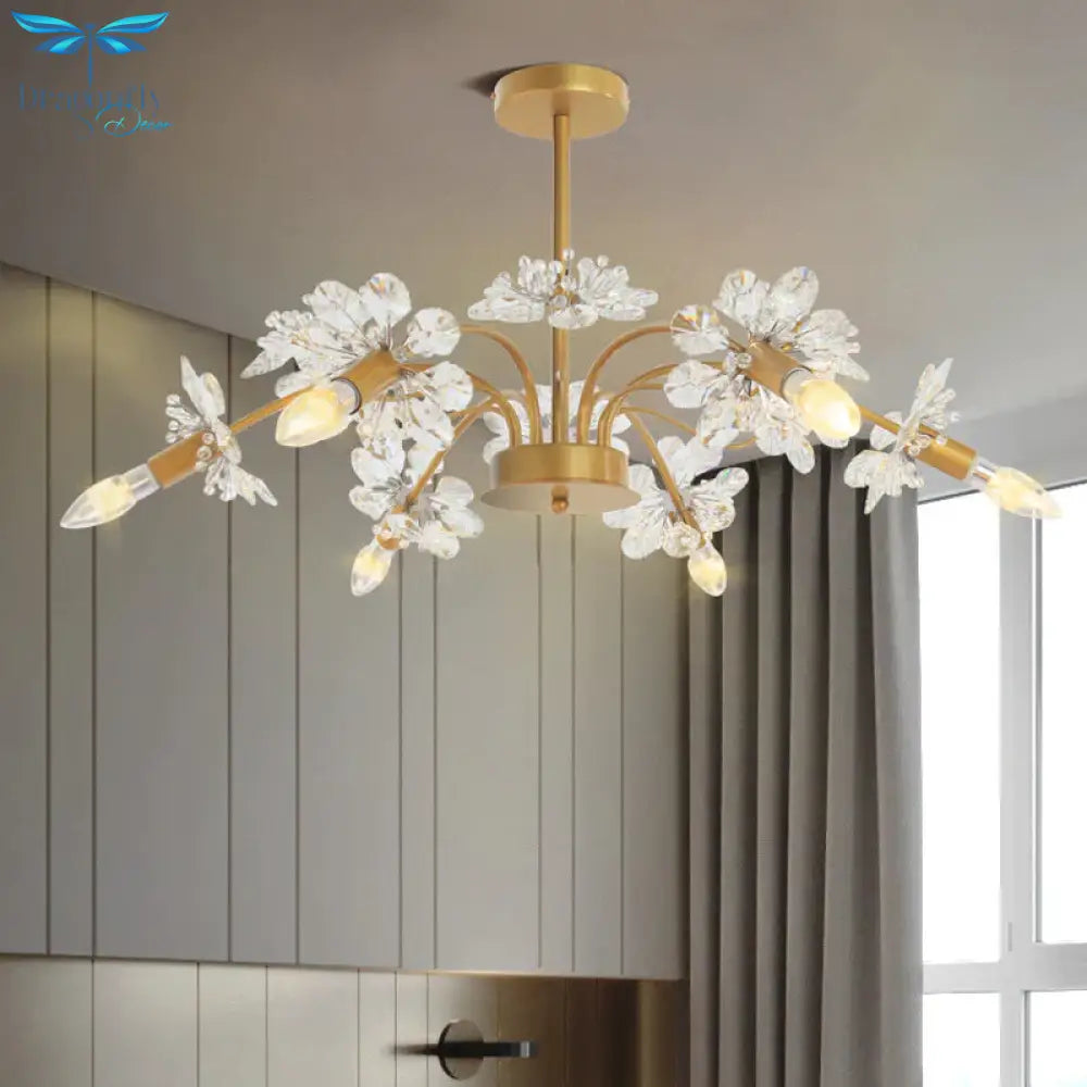 Gold Blossom Hanging Light Kit Postmodern 7 Heads Crystal Chandelier Pendant
