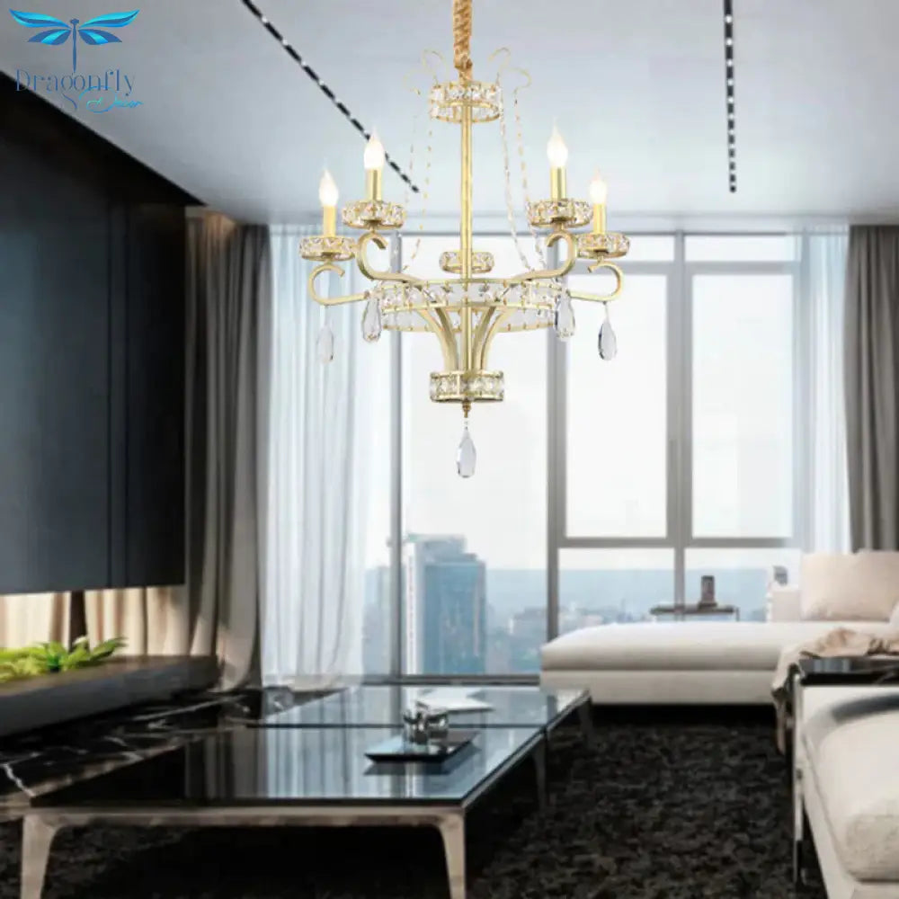 Gold Candle Chandelier Light Fixture Traditional Crystal Drop 5/8 Lights Living Room Hanging Lamp