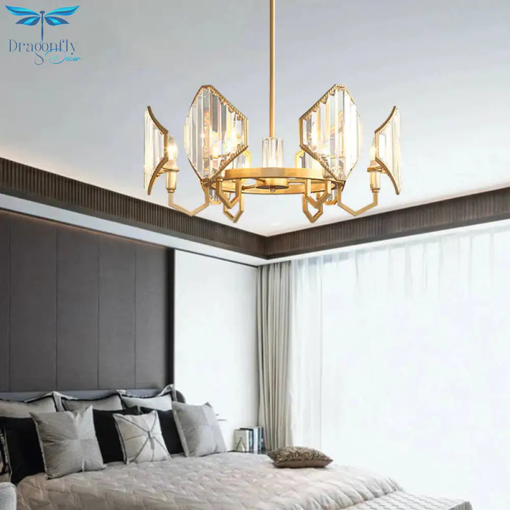Gold Candle Hanging Pendant Light Postmodern 6/8 Lights Rectangle - Cut Crystal Chandelier