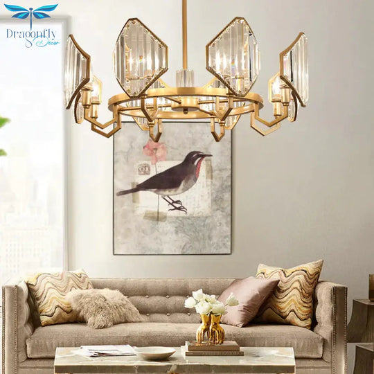 Gold Candle Hanging Pendant Light Postmodern 6/8 Lights Rectangle - Cut Crystal Chandelier