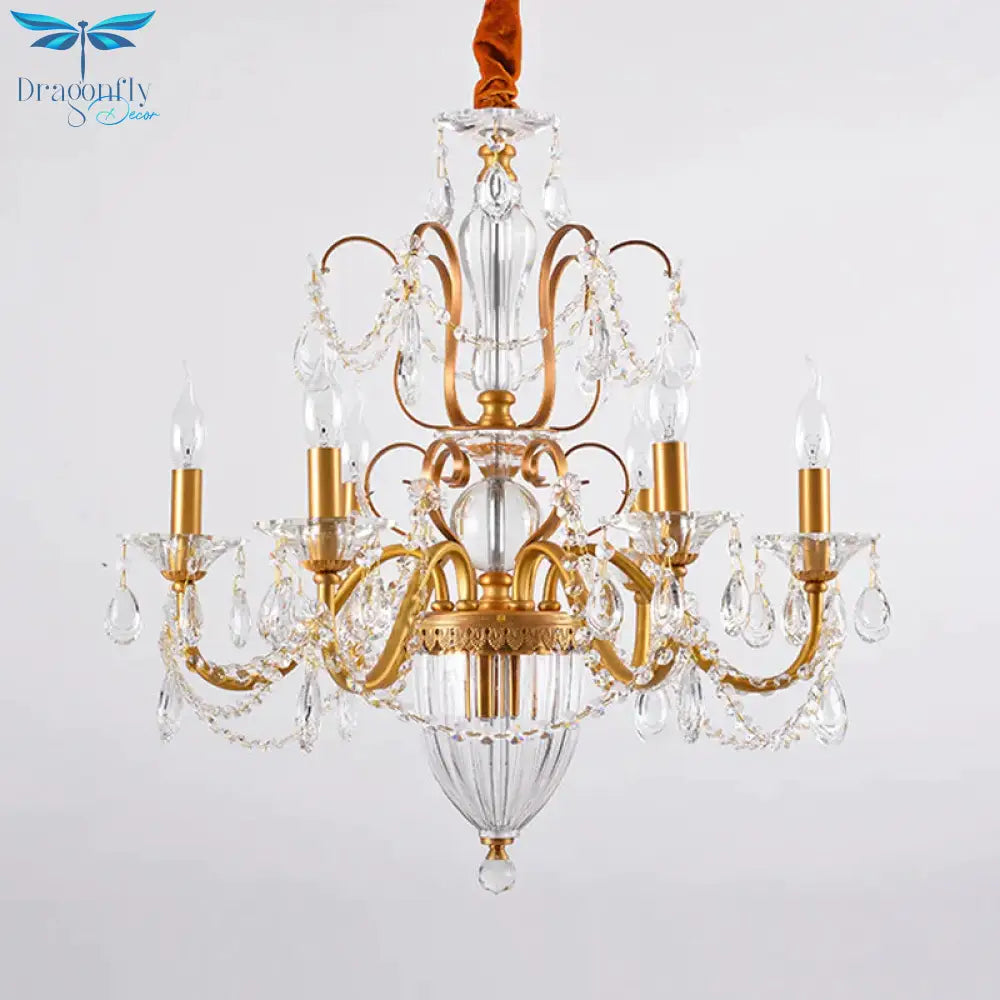 Gold Candlestick Hanging Chandelier Rural Crystal 6/8 Lights Bedroom Suspension Lighting