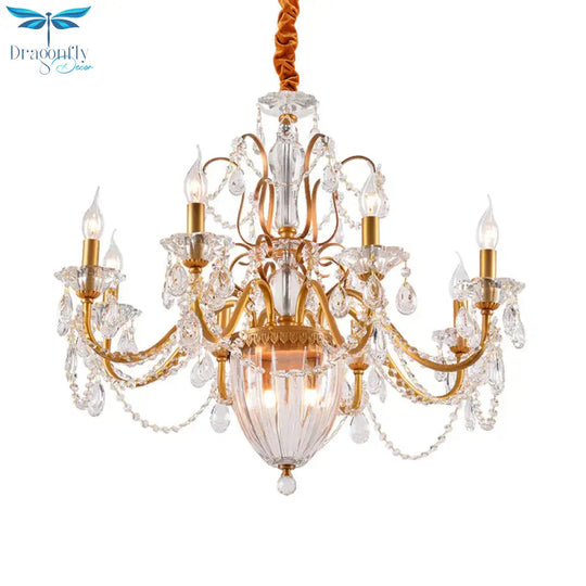 Gold Candlestick Hanging Chandelier Rural Crystal 6/8 Lights Bedroom Suspension Lighting