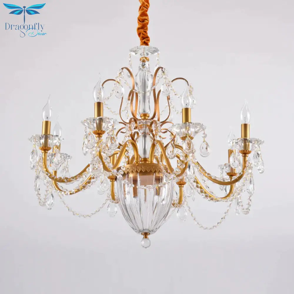 Gold Candlestick Hanging Chandelier Rural Crystal 6/8 Lights Bedroom Suspension Lighting