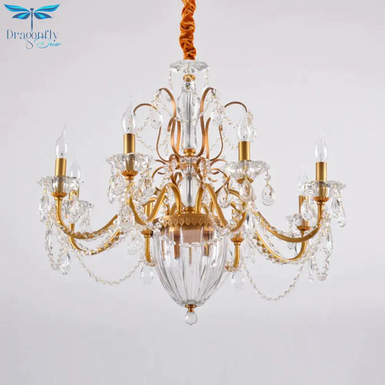 Gold Candlestick Hanging Chandelier Rural Crystal 6/8 Lights Bedroom Suspension Lighting