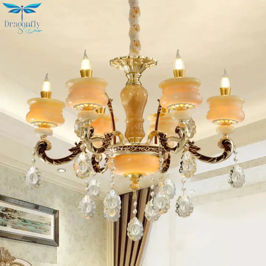Gold Candlestick Hanging Chandelier Vintage Jade 6/8 Bulbs Bedroom Pendant Light With Crystal Drop