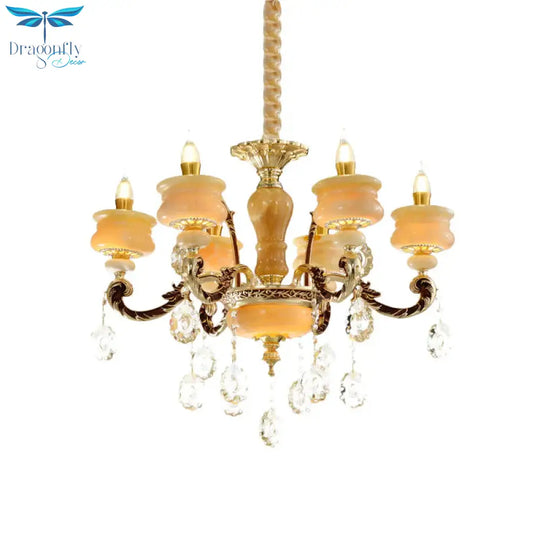 Gold Candlestick Hanging Chandelier Vintage Jade 6/8 Bulbs Bedroom Pendant Light With Crystal Drop