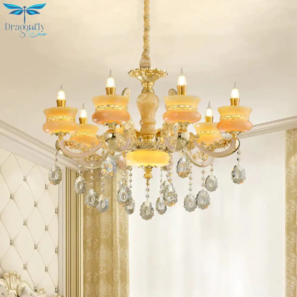 Gold Candlestick Hanging Chandelier Vintage Jade 6/8 Bulbs Bedroom Pendant Light With Crystal Drop