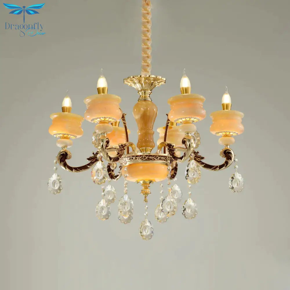 Gold Candlestick Hanging Chandelier Vintage Jade 6/8 Bulbs Bedroom Pendant Light With Crystal Drop