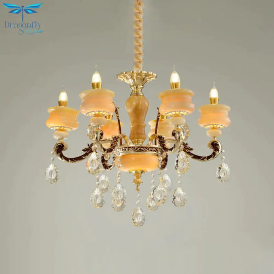 Gold Candlestick Hanging Chandelier Vintage Jade 6/8 Bulbs Bedroom Pendant Light With Crystal Drop