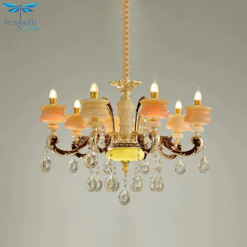 Gold Candlestick Hanging Chandelier Vintage Jade 6/8 Bulbs Bedroom Pendant Light With Crystal Drop