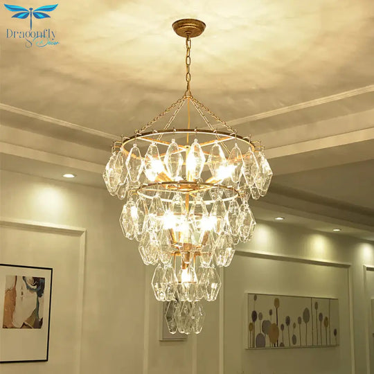 Gold Conical Chandelier Light Rustic Crystal 10 Lights Living Room Suspension Pendant