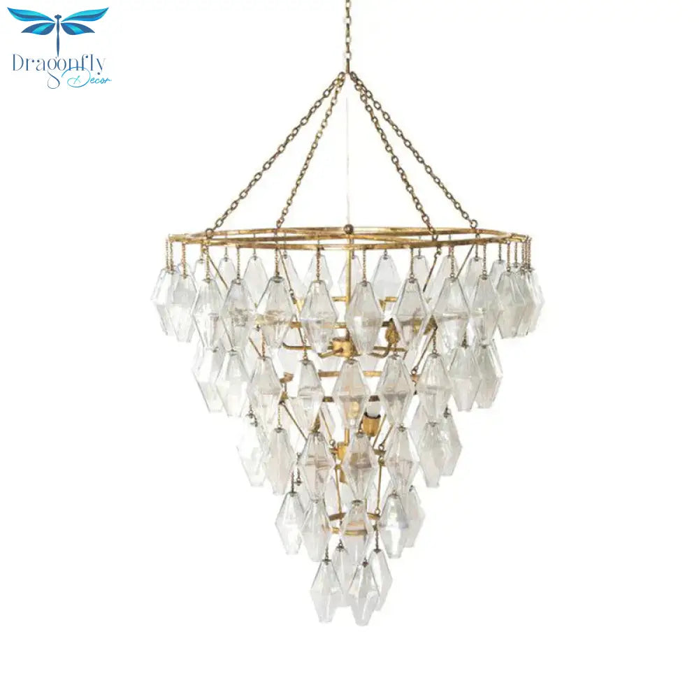 Gold Conical Chandelier Light Rustic Crystal 10 Lights Living Room Suspension Pendant