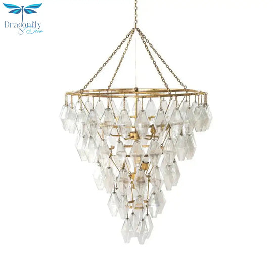 Gold Conical Chandelier Light Rustic Crystal 10 Lights Living Room Suspension Pendant