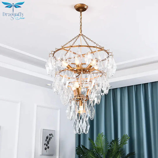 Gold Conical Chandelier Light Rustic Crystal 10 Lights Living Room Suspension Pendant